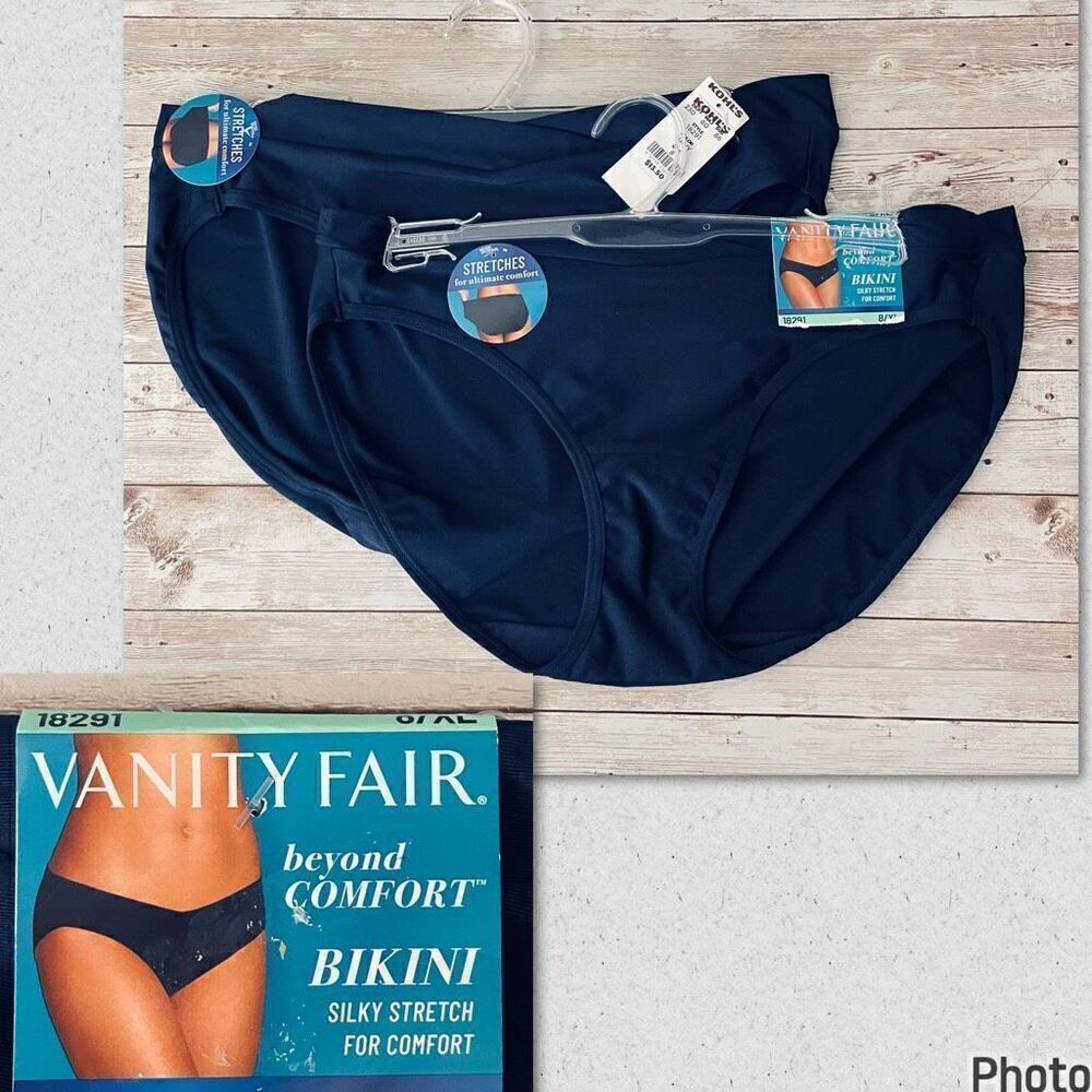 NWT 2 Pack Vanity Fair Navy 8/XL Beyond Comfort Silky Stretch Bikini Panty 18291